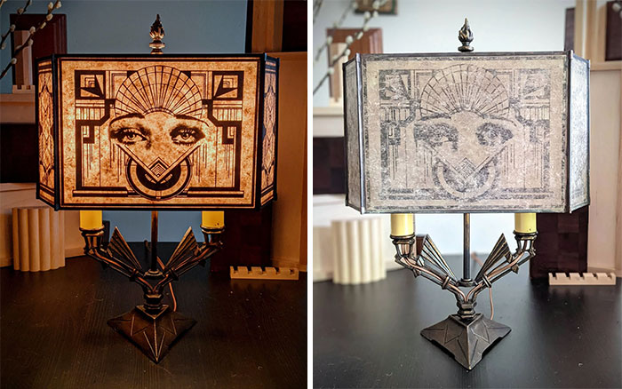 I Restored A 1920s Art Deco Lamp And Made A Black Art Design Silver Mica Shade W/ Silent Film Actress Dolores Costello's Eyes