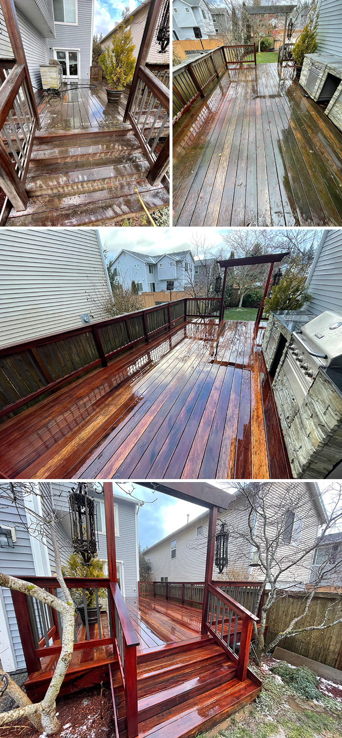 Tigerwood Deck Power Wash Before And After. Applied Penofin Brightener To Restore The Wood Balance