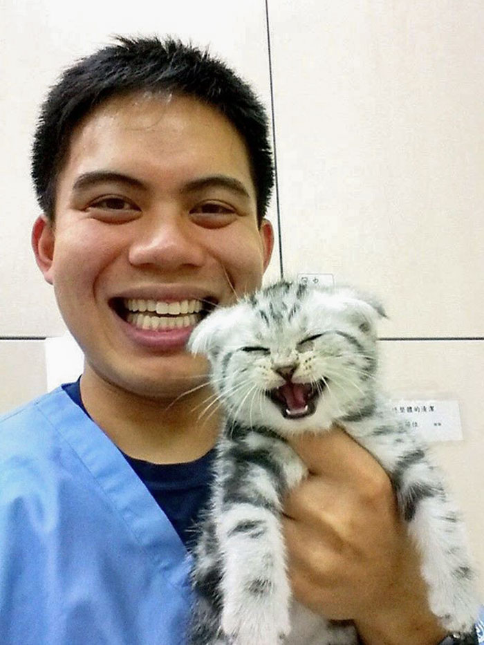 Mi amigo junto al gatito que le tocó cuidar durante sus prácticas en una clínica veterinaria de Taiwán
