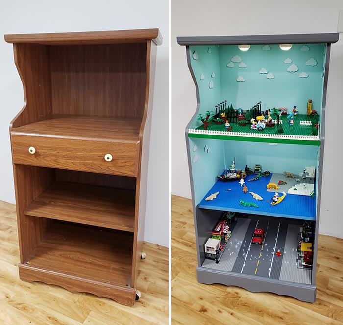 Para navidad, convertí un viejo mueble para microondas en un soporte rodante de LEGO para mis hijas