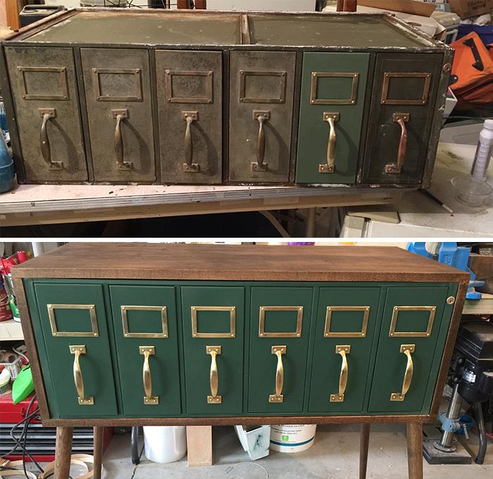 Pulled Out Of A Trash Heap. It Was One Part Of A Military File Cabinet. Thorough Cleaning, Paint And A Little Shining Up Followed By Wrapping It In Wood From My Scrap Pile. Added Some Legs And Bingo Bango!
