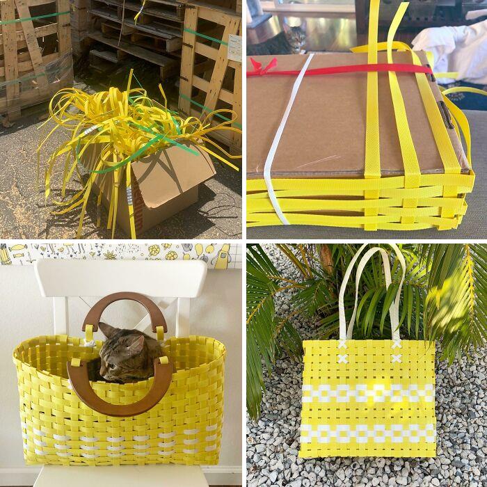 I Take Plastic Shipping /Bale Straps From Hardware Store Waste, And Make Sturdy, Functional & Fashionable Baskets! (My Cats Also Love Them At Every Stage)