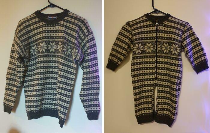 Un suéter sin uso desde 1996 y una cremallera de una cartera vieja = un mono de lana para mi hijo