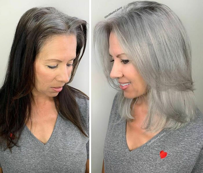 This Beautiful Client Had Almost Black Hair With Lots Of Damaged Areas Due To Previous Over Processed Highlights That Has Been Covered Again With Black Color. Goal Is To Give Her Icy Blonde Color To Blend With Her 80% Grey Roots. First I Cut About 3 Inches From The Bottom And Relayered Around The Face. Then Used @matrix Color Eraser To Lift The Hair To A Level 8 Golden Blonde, Then I Lightened The Previously Colored Areas By Taking Thin Sections In Foils Using @lanzahaircare L'anza Cream Decolorizer Which Is An Amazing Lightener With An Oil Base That Will Condition The Hair While It’s Lifting It, Mixed With 20 Vol For 3 Hours Until I Reached My Desired Light Level. Rinsed Hair Then Toned With @matrix Color Sync Sheer Acidic Toner Steel With 6 Vol Developer For 20 Min, Rinsed, Shampoo, Condition And Style With Round Brushes. Total Service Time Is 8h. ——————————————————
#behindthechair #modernsalon #americansalon @behindthechair_com @american_salon @modernsalon @saloncentric #saloncentricpartner #greyhairdontcare #silverhair #greyhair