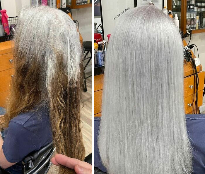 For This Beautiful Transformation, I Used @schwarzkopfusa Blondme Bond Enforcing Lightener With 20 Vol By Taking Very Thin See-Through Sections In Foils Leaving Her Natural Roots Untouched, After About 75 Minutes I Remixed Another Fresh Lightener Mixture And Reapplied On The Stubborn Warm Areas Until I Got An Even Lift Pale Yellow Blonde Level 10. Rinsed Hair And Toned With 3/4 Igora Royal Absolute Silver Mixed With 1/4 Blondme Lilac Mixed With 7 Vol Blondme Cream Developer For 30 Minutes. ———————————————————
#schwarzkopfusa #igora #blondme @behindthechair_com #behindthechair #jackmartincolorist #silverhair #hairtransformation