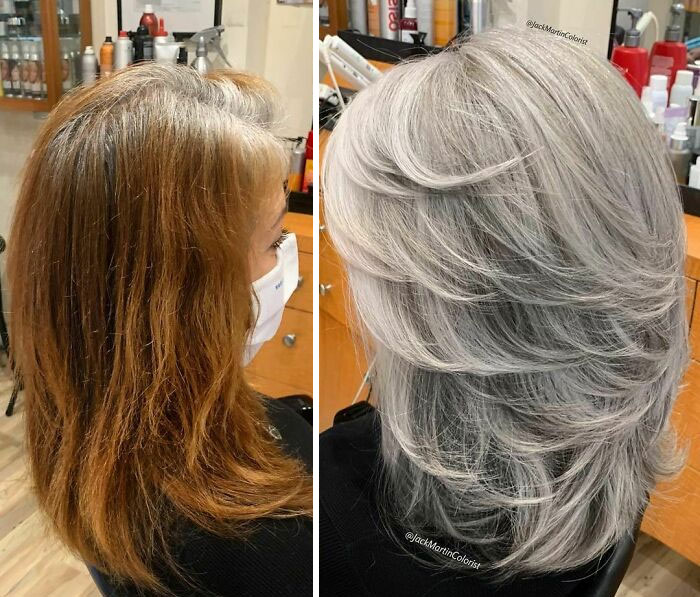 This Beautiful Client Came To Me Northern California With Hair That Had Multi Different Light And Dark Brassy Colors, She Was Seeking Gray Silver Ashy Color To Blend And Match Her Gray Roots So She Can Stop Coloring Her Hair Every 3-4 Weeks, Total Service Was 8 Hours And One Session, I Started The Long Process By Cutting Her Length About 3 Inches With Layers And Face Framing, Then I Weaved The Whole Head Starting From Where Her Gray Roots Starts In Foils Using @redken Flash Lift Power 9 With 20 Vol Leaving Her Gray Roots Out For About 4 Hours By Foiling The Hair Based On Her Root Gray Pattern Very Thin Sections For Faster And Even Lifting Until I Reached Level 10 Pale Yellow Blonde, At The Same Time All The Hair That Was Left Outside The Foils I Colored It With Redken Gels 1/2 5ab + 1/2 7ab Mixed With 10 Vol For About 30 Min To Create That Salt And Pepper Look. I Then Rinsed Hair, Toned With @redken Shade Eq 1/2 Oz 9b + 1/2 Oz 9v Mixed With 2oz Cristal Clear And 3 Oz Of Processing Solution For 20 Minuets, Rinsed, Shampooed, Conditioned, Styled With Round Brushes.
total Service: 8 Hours
#behindthechair #americansalon #modernsalon @behindthechair_com @american_salon @modernsalon #redken #silverhair @saloncentric #jackmartincolorist #saloncentricpartner