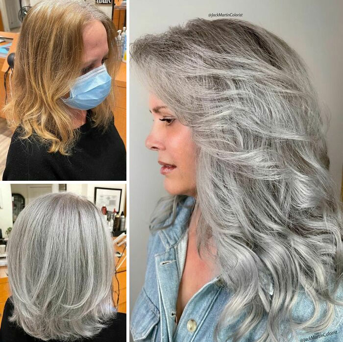 Left Top Photo Is The Original Hair Before Transformation, Left Bottom Photo Is When I Did The Transformation, Right Photo Is When The Client Came Back On Another Day To Add @halocoutureextensions That I Colored To Match Her Silver Hair. The Conclusion Of This Post Is That If You Have Short Or Thinner Natural Silver Hair You Can Always Have Your Stylist Color A Halo Extensions To Match Your Hair So You Can Enjoy Longer And Thicker Hair. Why I Recommend @halocoutureextensions vs. Other Extensions? Because Halocouture Extensions Sits On The Head Without Adding Any Weight On Your Own Thinner Hair, Or Adding Any Tape Or Glue That When Removed A Lot Of Your Own Hair Will Come Out With It, And Not To Forget How Easy To Put It On And Remove It, And The Longevity That Halocouture Has That Could Go Up To Few Years When You Take A Good Care Of It. #silverhair #jackmartincolorist #greyhair #hairextensions #healthyhair #haircoloring #greyhairtransformation