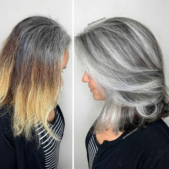 When Fixing Damaged Hair Color It’s Very Important To Take Very Thin Sections, Then You Can Easily Use A Lower Volume Developer And No Heat At All, That Will Save The Hair Integrity Tremendously And The Blending Will Become Seamless.
products Used For This Transformation.
lightener: Blondme Bond Enforcing Up To 9 With 20 Vol.
toner: Blondme 3/4 Steel Blue With 1/4 Lilac Mixed With 6 Vol.
low Lights: Igora Royal Slate Grey Mixed With 6 Vol.
total Time: 6 Hours.
————————————————— @schwarzkopfusa @behindthechair_com * #schwarzkopfusa #igora #blondme #silverhair #jackmartincolorist #hairtransformation @modernsalon @american_salon