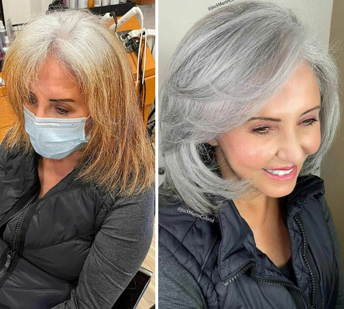 This Transformation Took About 8-9 Hours, One Session.
desired Color: Matching Her Natural Roots.
products Used:
lightener: @schwarzkopfusa Blondme With 20 Vol.
toning : Blondme 1/2 Ice + 1/2 Steel Blue With A Dot Of Lilac Mixed With 7 Volume Developer.
low Lights: Igora Royal 1/2 6-12 +1/2 8-11 Mixed With Igora 10 Volume Developer.
———————————————————
#schwarzkopfusa #igora #blondme @behindthechair_com #behindthechair #jackmartincolorist #silverhair #hairtransformation