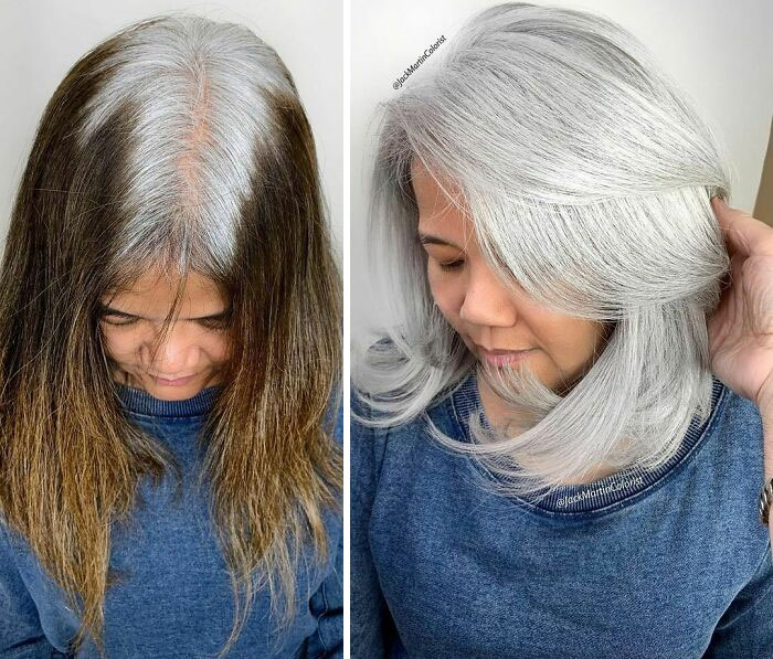 Dark Boxed To Ashy Silver. This Beautiful Client Came To Me From La Seeking Grey Silver Color To Blend And Match Her Natural Gray Roots So She Can Stop Coloring Her Hair Black Boxed Color, Total Service Was 10 Hours. I Started The Long Process By Cutting The Hair To A Semi Long A-Line Bob Because I Always Believed In Building The House Then Paint It, Then I Started Removing The Artificial Dye Using Pravana Color Extractor For 20 Minutes , Then I Bleach The Whole Head Starting From Where Her Gray Roots Starts In Foils By Taking Very Thin Sections Using @kenraprofessional Simply Blonde Beyond Bond Lightener With 20 Vol And For 3 Hours, After Hour And Half I Reopened Each Foil And Reapplied A New Lightener Mixture On The Warm Areas Until I Reached The Lightest Pale Blonde, Rinsed Hair, Toned With @kenraprofessional 10sm ( Silver Metallic ) Mixed With 9 Vol Developer For 30 Minutes, Shampooed, Style With Round Brushes.#behindthechair #modernsalon #americansalon @behindthechair_com @american_salon @modernsalon #silverhair @saloncentric #greyhairdontcare #silverhair #greyhair #kenraprofessional #kenracolor #jackmartincolorist
