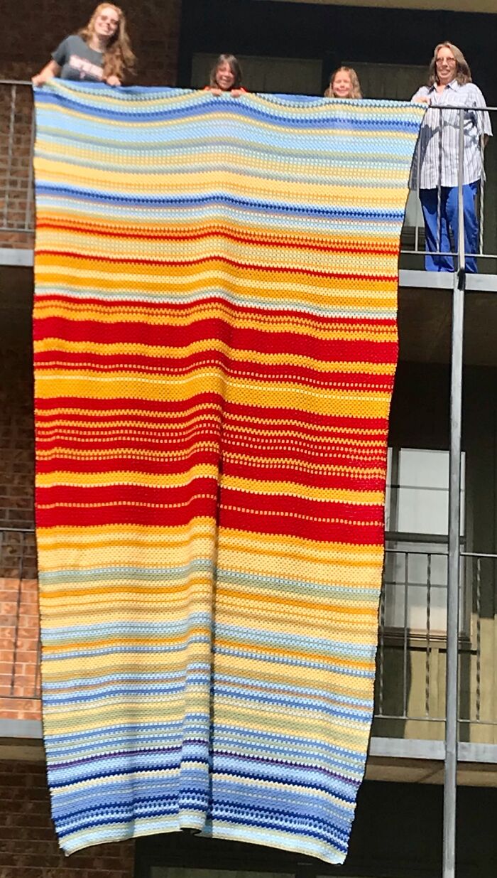 Crocheted Temp. Blanket My Whife Made Of The 2020 Dumpster Fire Year!{)} Each Line Is A Day.