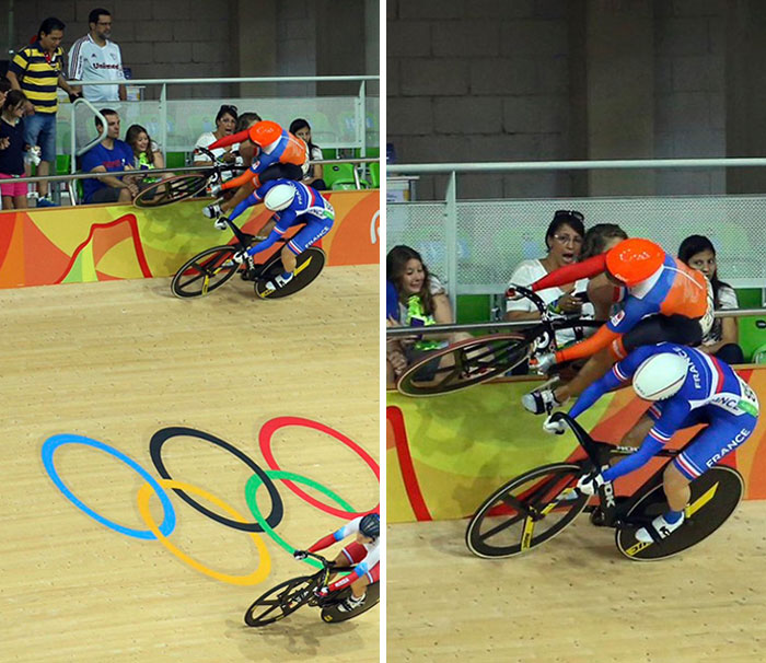 La ciclista de pista holandesa Laurine Van Riessen se sube al muro de la pista en los Juegos Olímpicos de Río