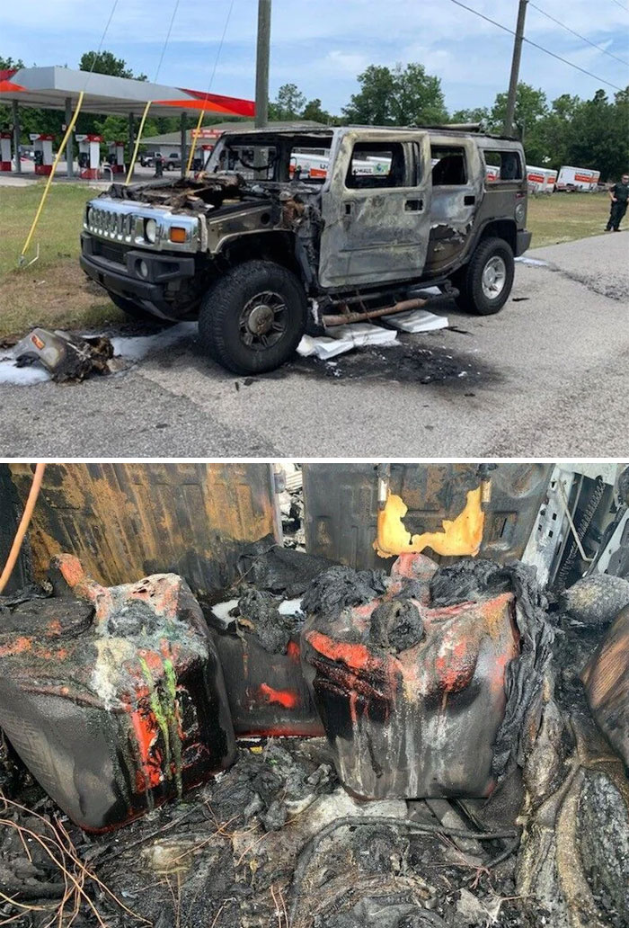 Idiot In Hummer Filled 5 Gas Cans Expecting Shortages. Put Them In His Car And Lit Up A Cigarette. Hummer Destroyed