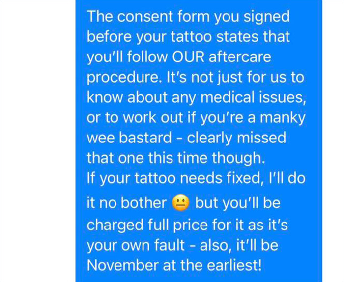 Tattoo Parlor Shares A Now-Viral Chat With A "My Dad Says" Customer Who Failed To Follow Instructions
