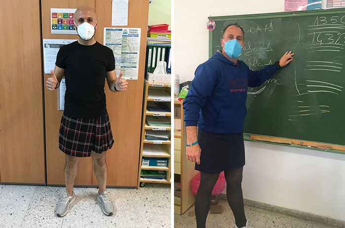 Profesores españoles con falda después de que se expulsara a un estudiante por llevarla también