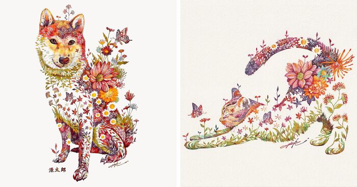 Japanese Artist Depicts Cats, Dogs, And Other Animals Using Watercolor Flower Arrangements (30 Pics) | Bored Panda