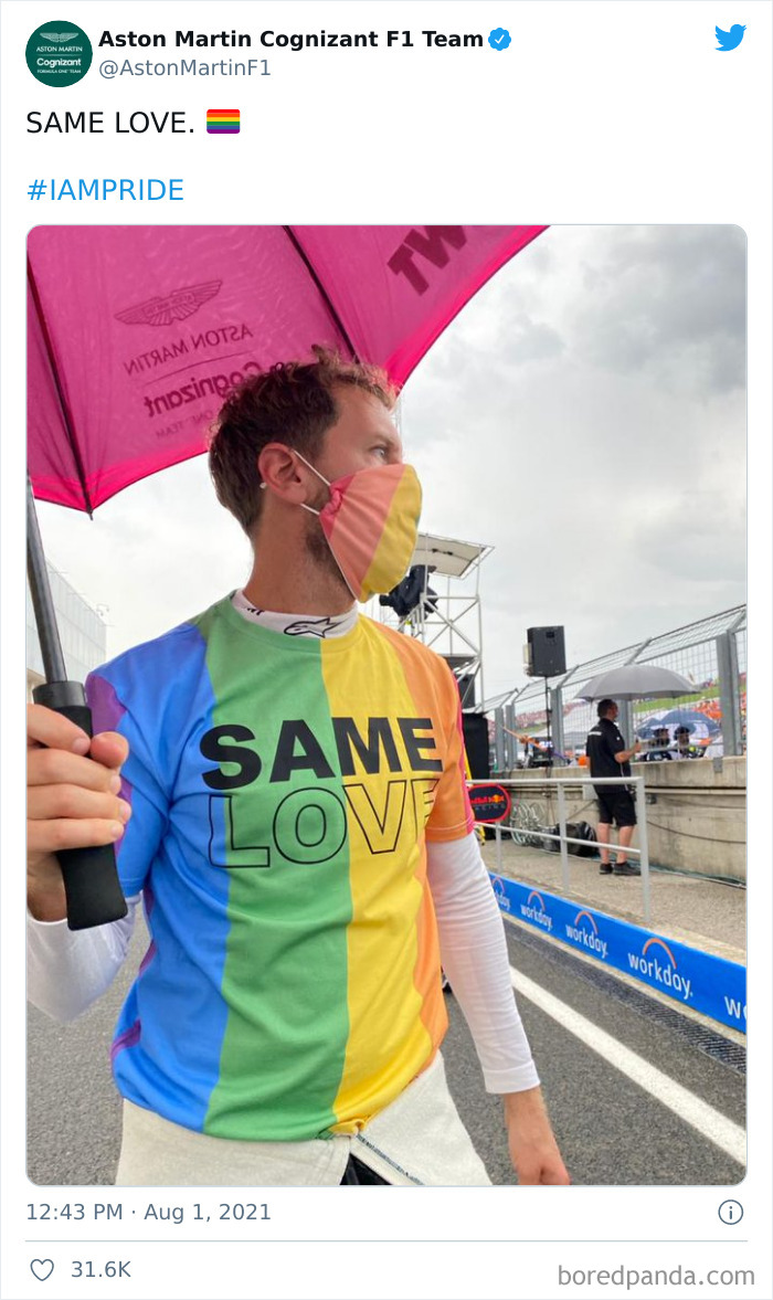 Sebastian Vettel Wears Rainbow Rainbow Mask And T-Shirt During The Drivers Parade To Support LGBT Community