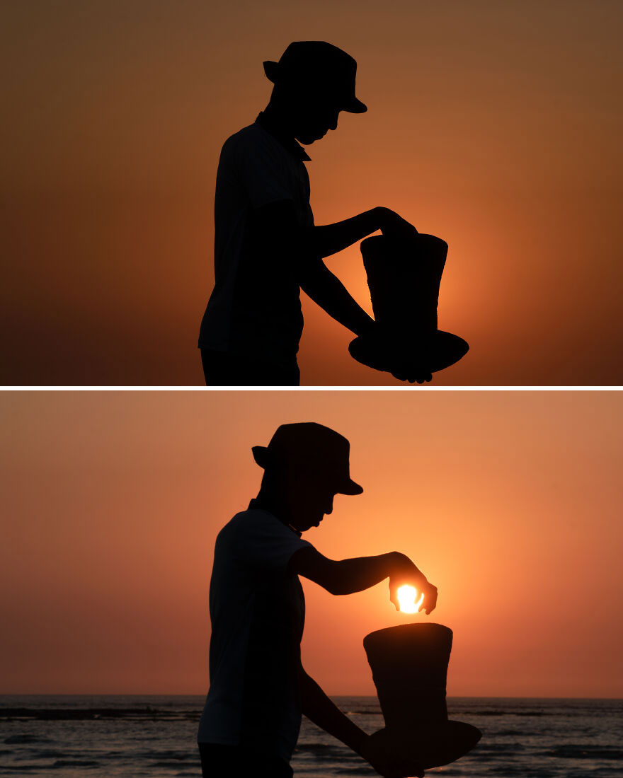 He Took A Beach And Sunset From His Hat