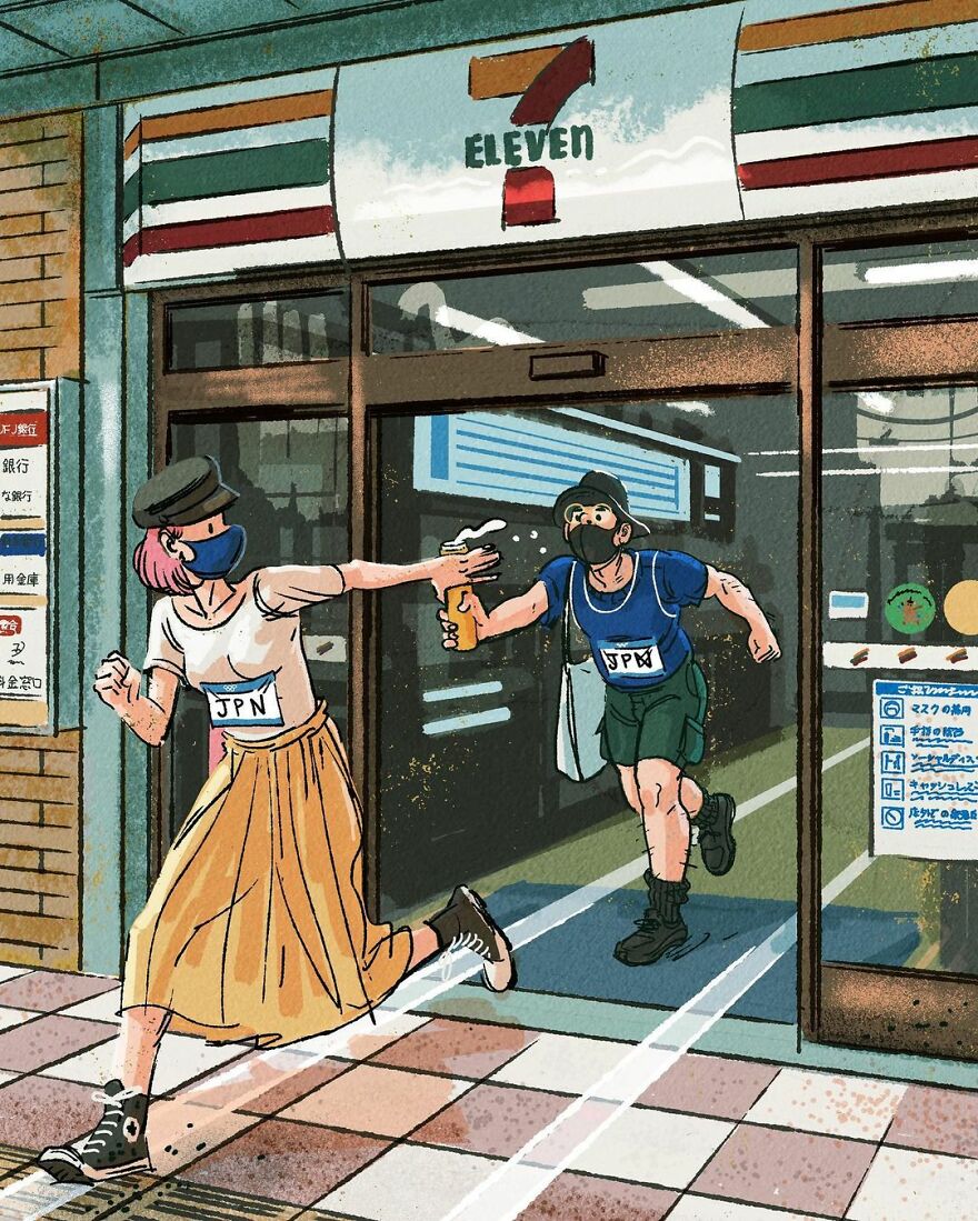 Artist Creates A Series Of Illustrations Showing The Daily "Olympics" Held By The People Of Tokyo ( 16 Pics)