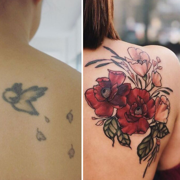 The Bird (Remember Kurt Halsey?) Was Done Back In 2005, And The Little Leaves In 2010. Last Year In 2018, I Decided To Get A Cover Up. The Artist, Jen Tonic Who Is Currently Located In Berlin, Designed The Tattoo. The Poppy Is My State Flower