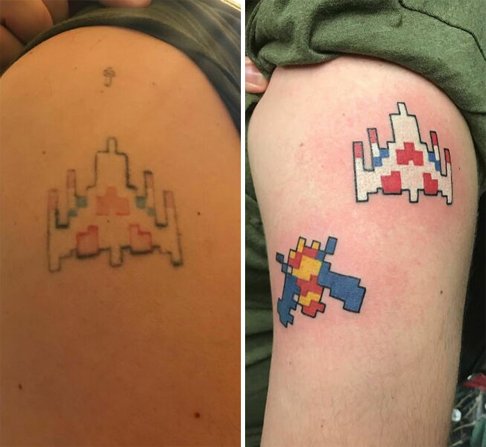 My Husband Got The Galaga Tattoo On The Left On His 18th Birthday From A Guy Who Did It For Free. The Right Is What It Looks Like Now!