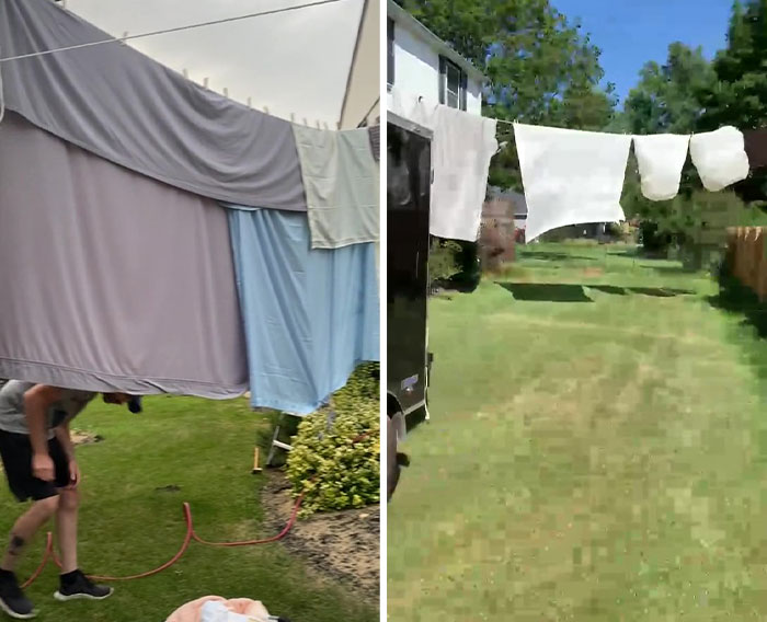“She Called The Police And They Laughed”: Couple Hang Laundry Line To Block Neighbor’s View Of Their Home After She Installs 5 Cameras