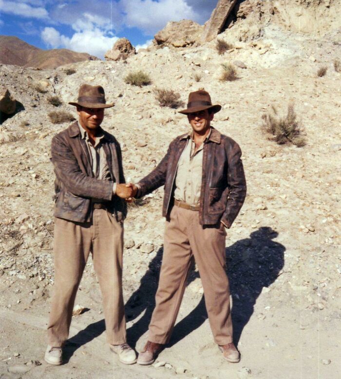 Harrison Ford And His Stunt Double On The Set Of Indiana Jones