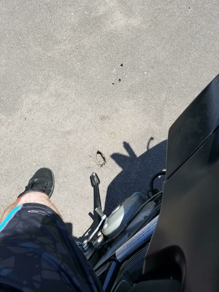 It's So Hot Outside Today, My Motorcycle's Kickstand Sunk Into The Asphalt
