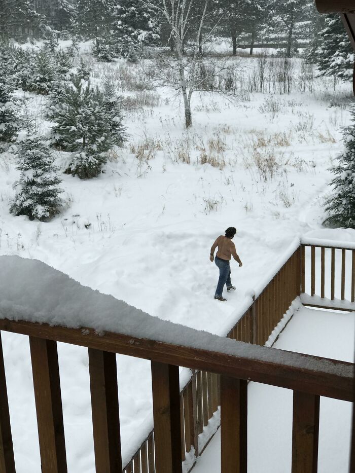 My Dad Booked A Trip To Canada After Telling Us He Was Sick Of The Florida Heat. Today, I Look Out My Balcony Window To See Him Walking Around Like This