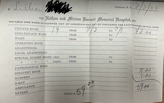 Esta factura de hospital de 1933 por una estancia de 7 días en el hospital y un parto