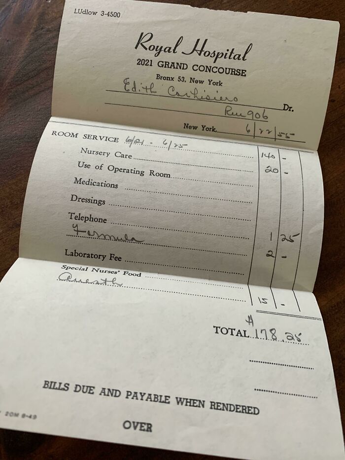 La factura del hospital de mi abuela tras dar a luz a mi padre en 1955