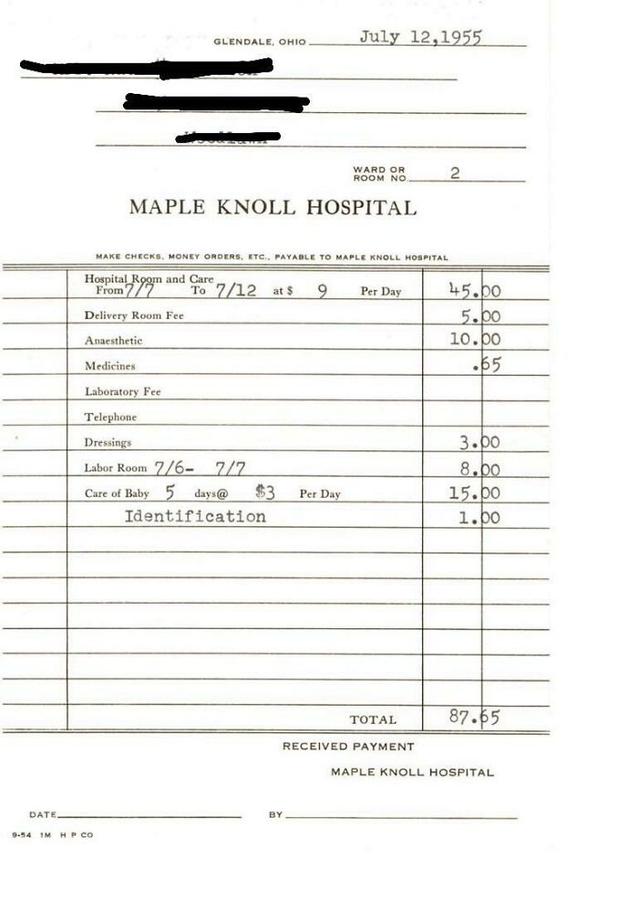 La factura del hospital del nacimiento de mi padre en 1955. (Nótese la estancia de 5 días en el hospital)