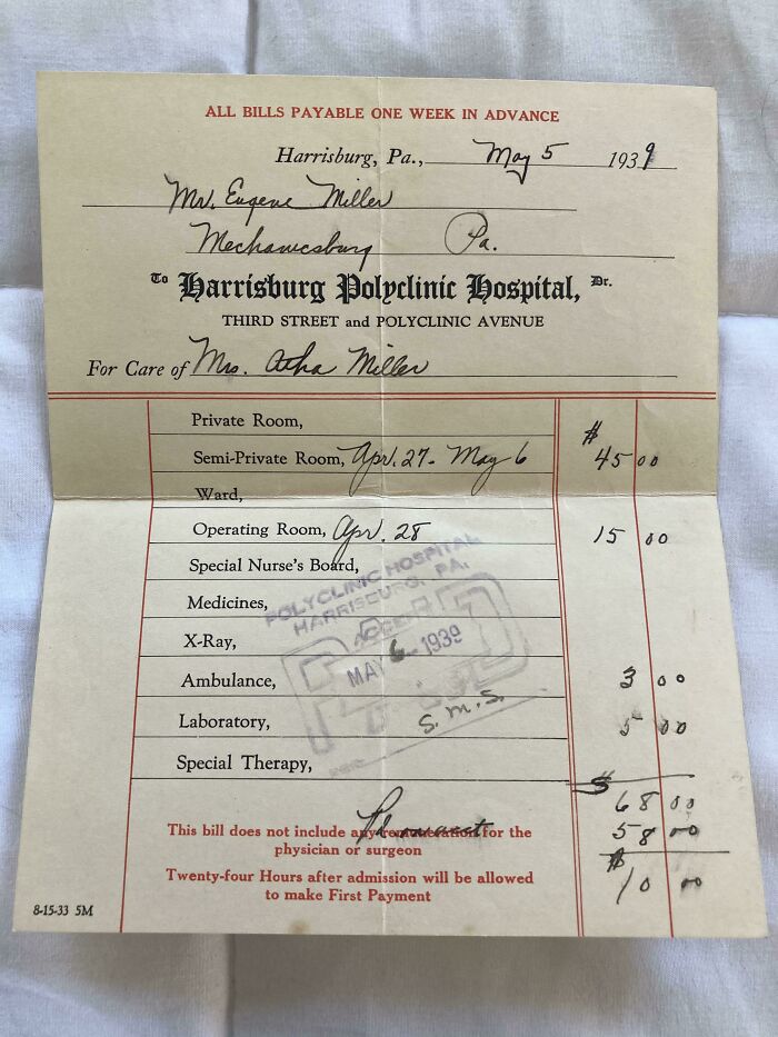 Encontré esta factura de hospital enviada a mi tía abuela por el nacimiento de su hijo en 1939 (EEUU)