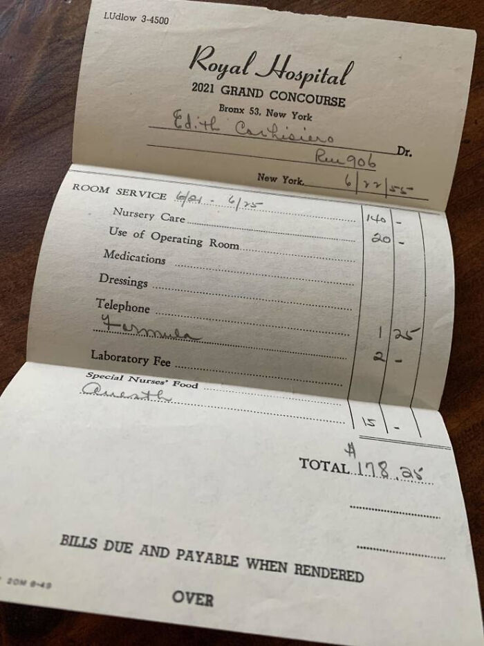 La factura del hospital por el nacimiento de un niño en 1955