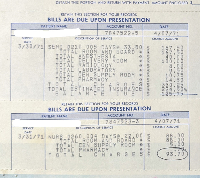 El costo total de mi nacimiento en 1971 en Virginia. $350.25