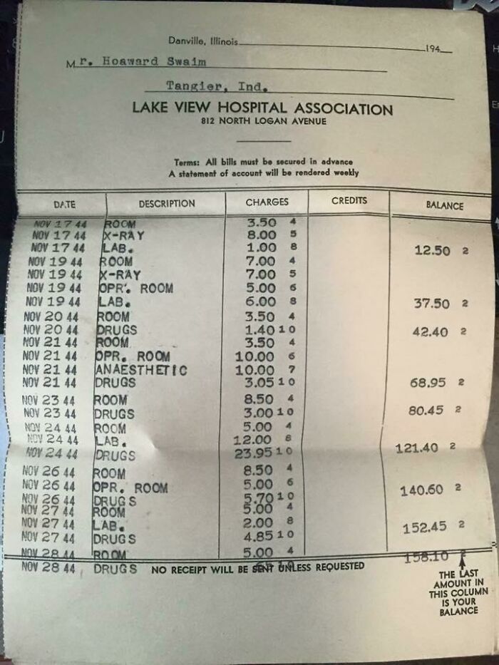 Grandpa's Hospital Bill From 1944