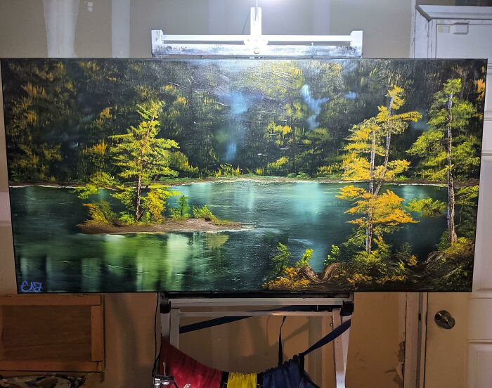 My Dad Pulled This Gigantic Canvas Out Of The Dumpster At The School He Works At, I Taped The One Tear It Had, Covered It In Black Gesso And Painted This