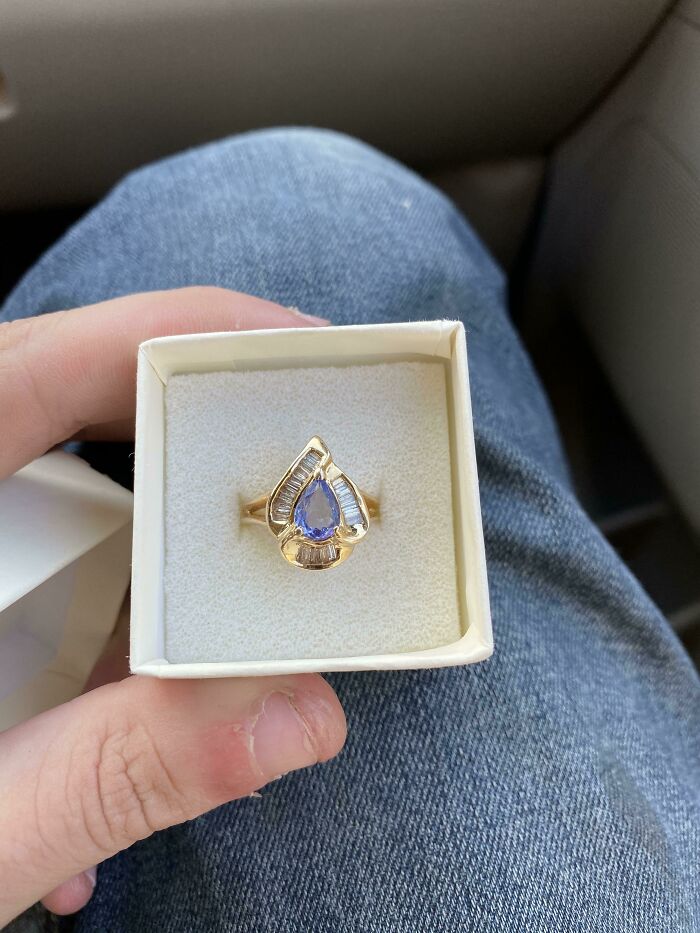 Found This Beauty In A Jewelry Box Mixed In With A Bunch Of Fake Jewelry. 14k Yellow Gold, With A 1k Tanzanite Gem In The Middle, Surrounded By 23 Genuine Baguette Diamonds. Having It Appraised In 2 Days