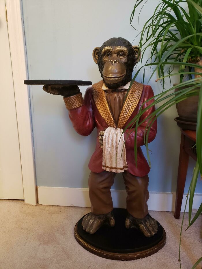 Scored This Monkey Butler Today! His Tray Was Broken So I Made Him A New One With A Saw, Plywood, And Black Paint. Once The Paint Dries I'll Set A Plant On It