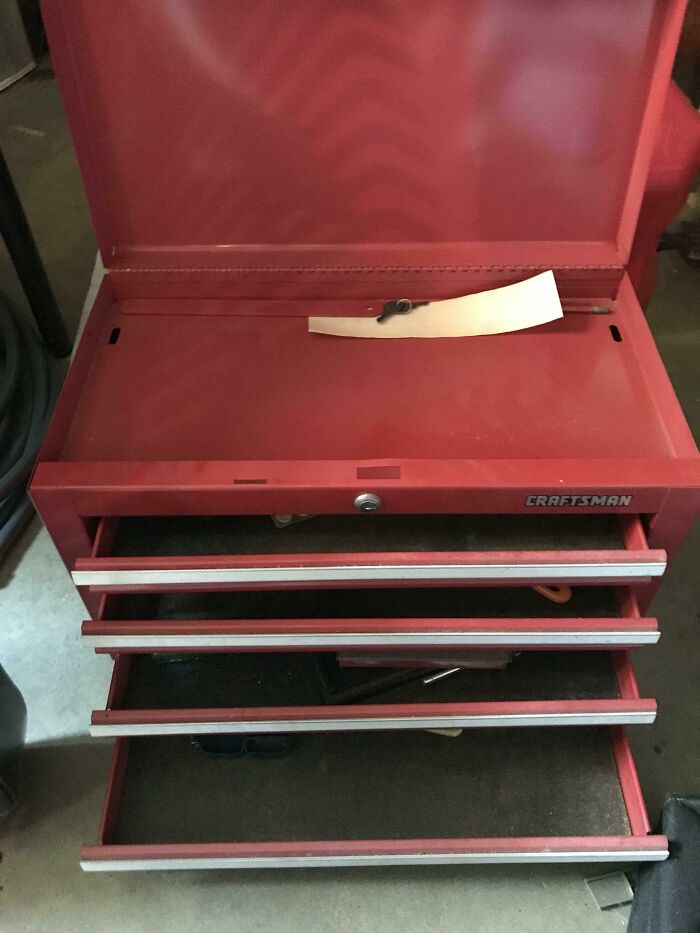 Went To Take The Trash Out And Someone Had Used Our Dumpster. Some Acrobatics Later, I Have A 4 Drawer Craftsman Toolbox With The Key. And It Has Some Tools In It! Nothing Too Special But The So Is Really Excited About A Triangle File