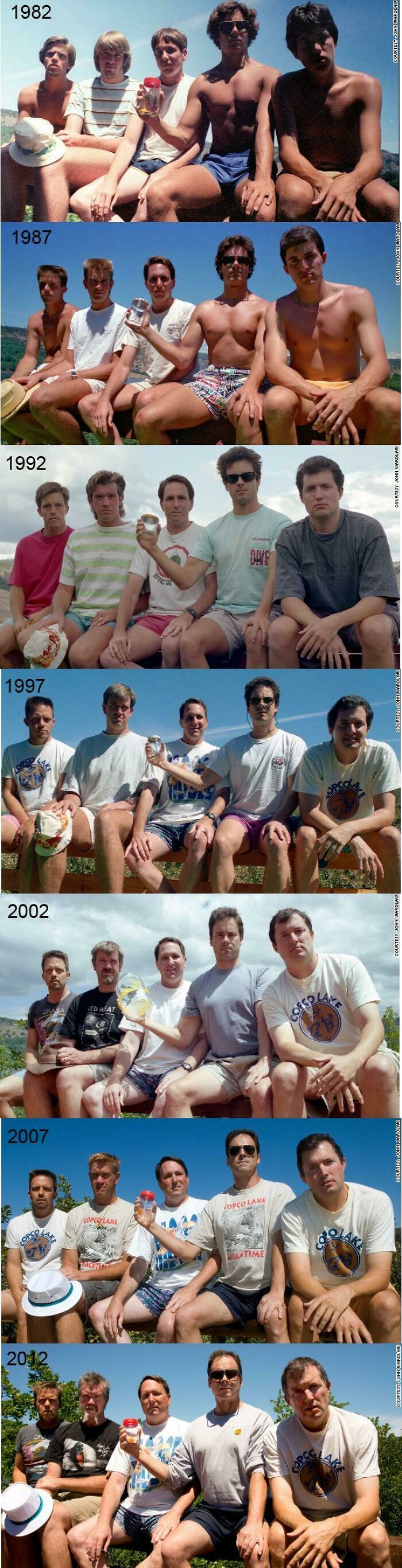 Every Five Years From 1982-2012, Five Men Take The Same Photo At Their Cabin At Copco Lake In California. They Plan On Adding A 2017 Photo This Summer.
