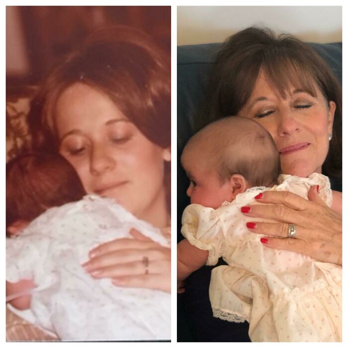 My Mom Holding Me 1979, My Mom Holding My Daughter In The Same Dress 2019.