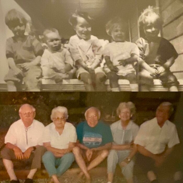 My Grandpa In The Middle With His Sister Annetta On His Left With Their Best Friends 1927 vs. 1992