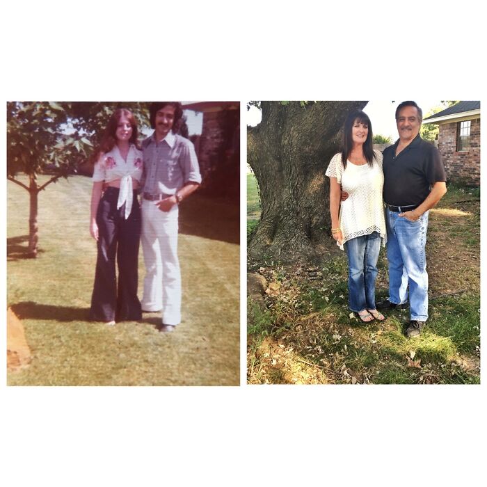 My Parents By Their Tree In 1975 And Now In 2016