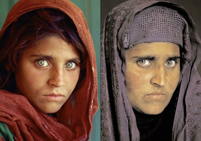 This Famous Photo Of A 12yr Old Afghan Girl And Her 18 Years Later (Photo By Steve Mccurry)