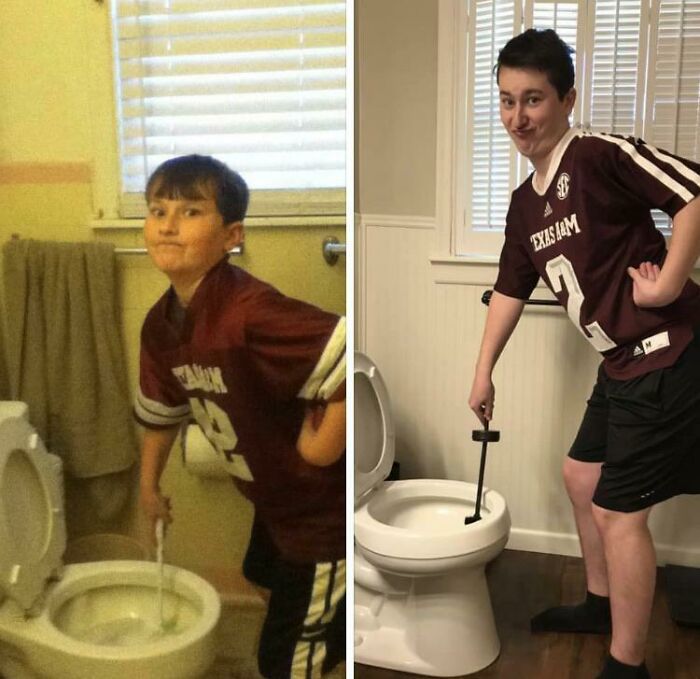 My Little Brother Cleaning The Toilet, Seven Years And A Bathroom Remodel Later