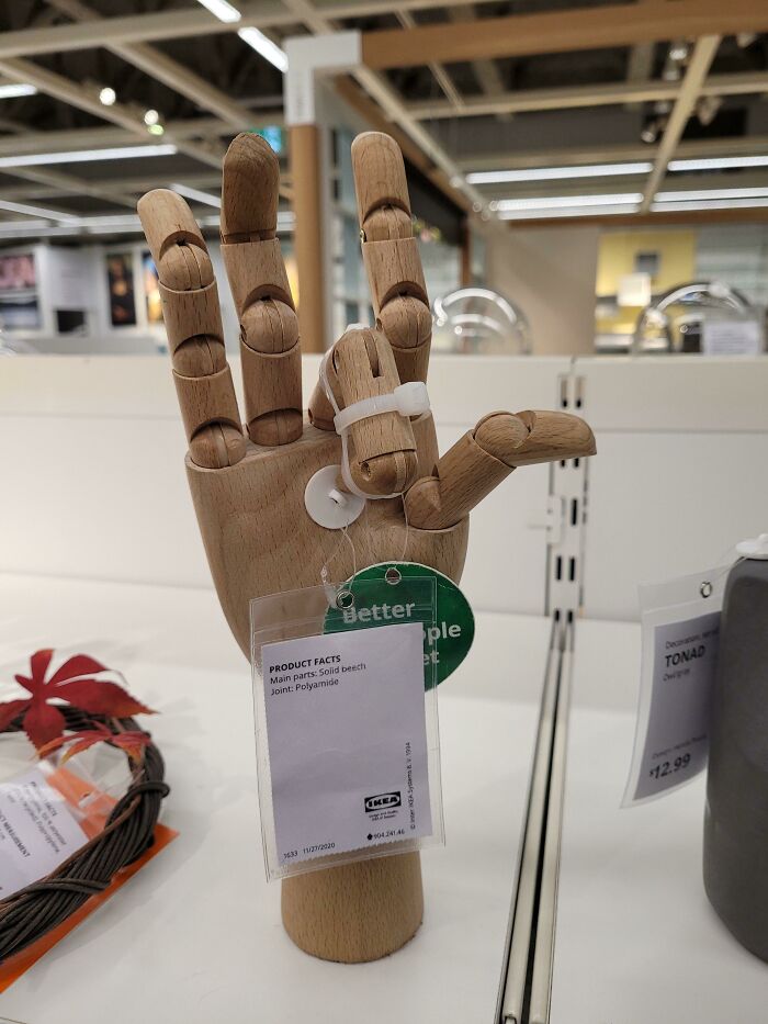 Esta mano ornamental en mi IKEA local con el dedo medio atado con un cincho de plástico