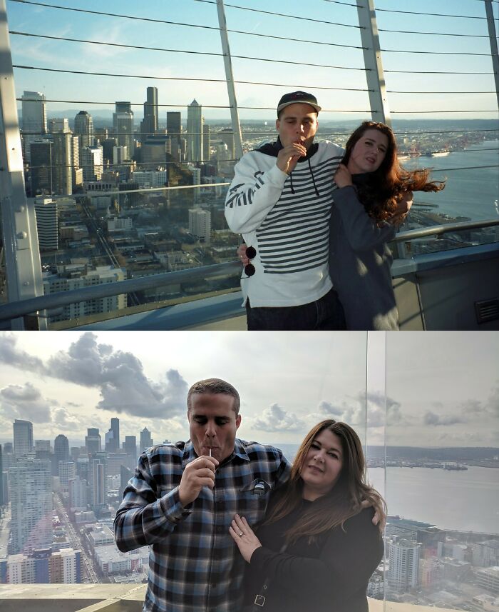 My Wife And I Recreating Our Picture Atop The Seattle Space Needle 25 Years Apart (1994-2019)