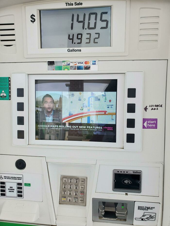 At The Gas Pump Someone Wrote Which Button Silences Ads Being Shown