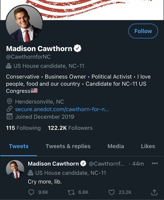 The First Tweet From Our New Congressman...